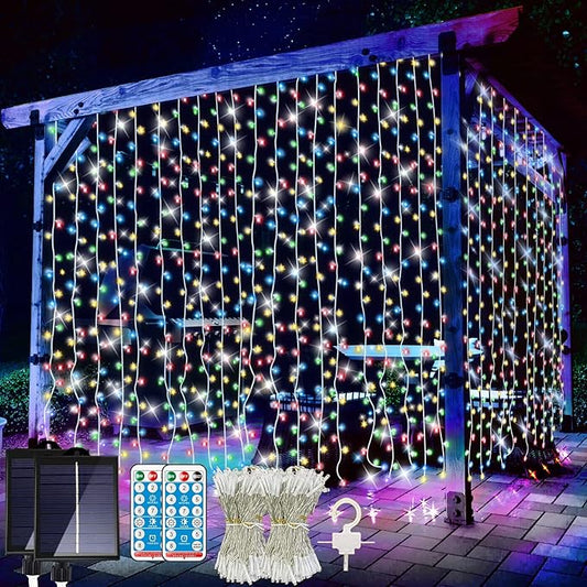 2 Pack Solar Curtain Lights Remote Control, Outdoor Garden Lights 300 LED 8 Modes Waterproof Solar Waterfall Fairy String Lights Decoration for Patio Garden Party Wedding (Multicolor 2 Pack)