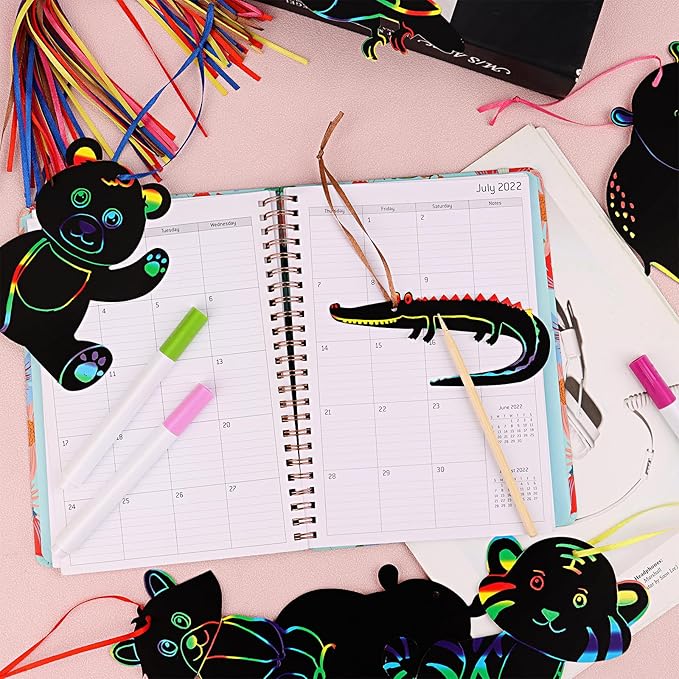 64 Pcs Wild Animal Scratch Cards DIY Rainbow Color Scratch Art Card Jungle Safari Animal Painting Scratch Off Paper for Kids Art Craft Kit with 64 Wood Stylus Ribbon for Home School Decor Party Favors