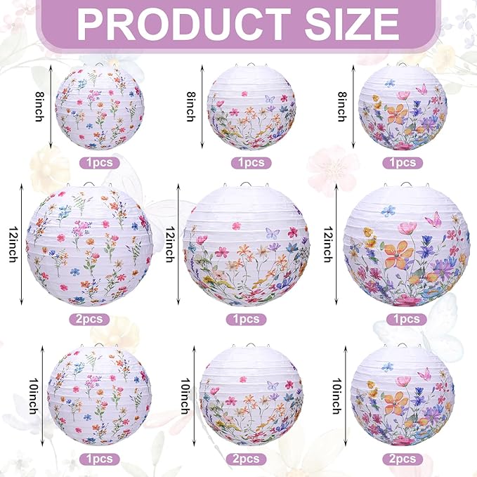 Riakrum 12 Pcs Wildflower Paper Lantern Set Floral Party Decorations Flower Paper Round Lanterns Wildflower Lantern Kit for Spring Baby Shower Bridal Shower Wedding Birthday Tea Party Supplies