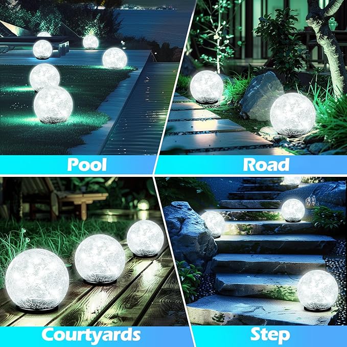 Garden Solar Ball Lights Outdoor Waterproof, 30 LED Cracked Glass Globe Solar Power Ground Lights for Path Yard Patio Lawn, Christmas Decoration Landscape White(2 Pack 3.9'')