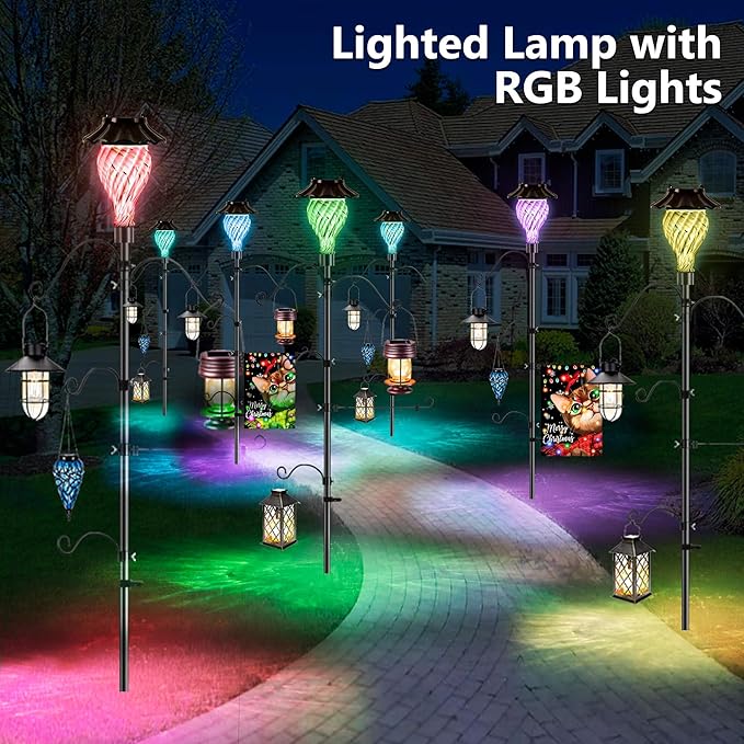 Solar Shepherds Hooks with Hand Blown Glass Lamp, Decorative RGB Lights, 4 Hooks & 1 Flag Holder, Heavy Duty Stand for Hanging Hummingbird Feeder, Bird Feeder, Plant, Garden Path Light (Red)