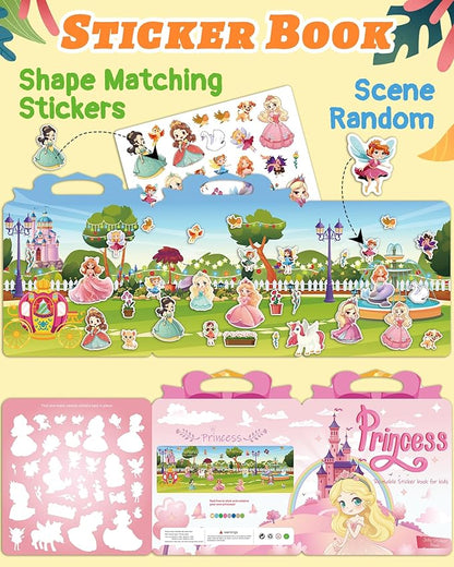 Benresive Reusable Sticker Book for Toddlers 2-4 Years, Fun Travel Stickers for Kids, Waterproof Sticker Books for Toddlers 1-3, Crafts Activities for Todddlers 1-3 2-4 3-5 - Princess