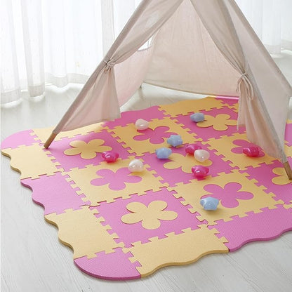 Foam Play Mat for Kids，25Pcs Square Interlocking Puzzle Floor Mat，Baby Play Mat Floor Mat Foam Puzzle Playmat for Toddlers with Fence（Pink Flower-CSH032