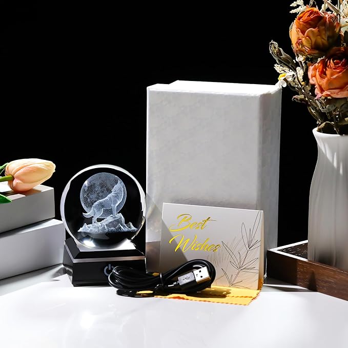 Qianwei Wolf Gifts: 3D Crystal Ball - 3.14'' Laser Decor Glass Animals Figurines Statue & Night Light