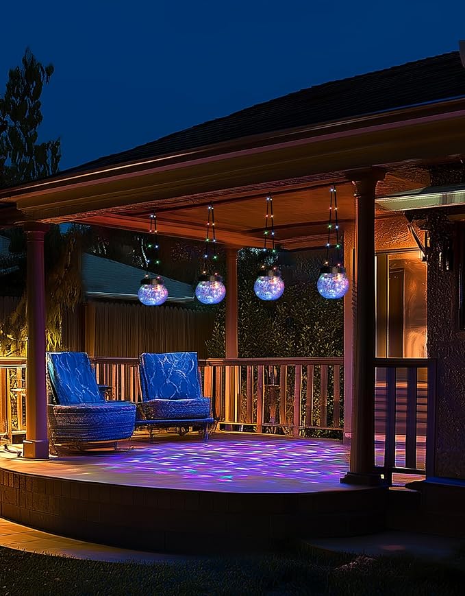 PARTPHONER Solar Lantern Solar Lights Outdoor Waterproof 6-Pack, Solar Powered Hanging Lights Cracked Glass Hanging Globes for Christmas Decoration, Shepherd Hook, Garden Tree Ornaments, Multi-Color