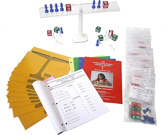Hands-On Equations® Class Set for Teacher and 10 Students. Includes The Teacher Demonstration Balance Scale and Game Pieces and 10 Sets of Student Manipulatives. Grade 3 and up.