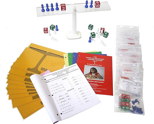 Hands-On Equations® Class Set for Teacher and 30 Students. Includes The Teacher Demonstration Balance Scale & Game Pieces and 30 Sets of Student manipulatives. Grade 3 and up