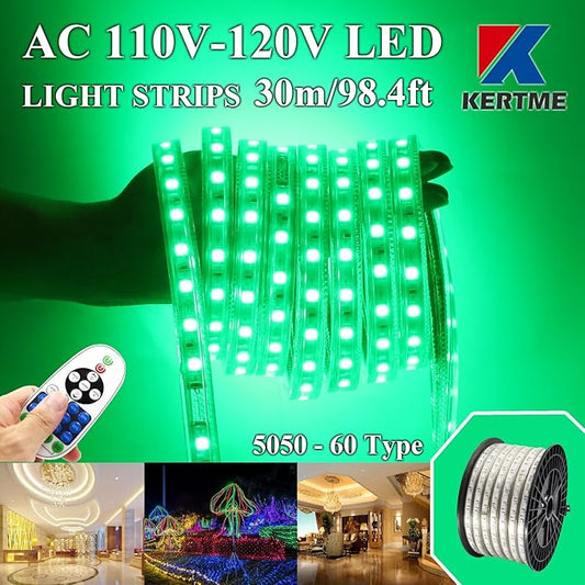 5050-60 Type AC 110-120V Green LED Strip Lights, Flexible/Waterproof/Dimmable/Multi-Modes LED Rope Light + 23 Keys Remote for Home/Garden/Building Decoration (98.4ft/30m, Green)