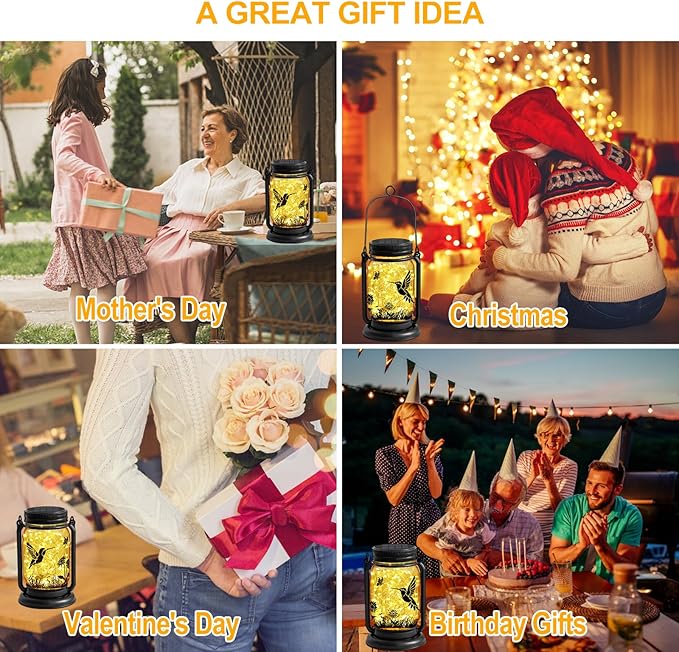 YJFWAL Hummingbird Solar Lanterns Outdoor Waterproof -Birthday, Mothers Day Gifts for Women Mom Grandma, Mason Jar Garden Lights for Patio, Yard, Porch, Balcony, Durable Garden Decor