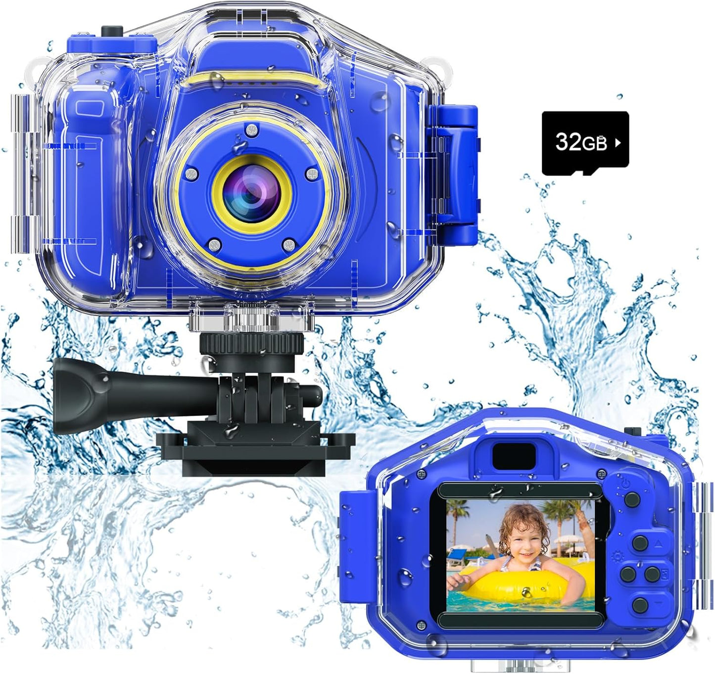Agoigo Kids Waterproof Camera - Children Underwater HD Video Digital Camcorder, Portable Travel Toy for Toddler - Ideal Christmas Birthday Gifts for Boys Girls Age 3-12 with 32GB Card (Dark Blue)