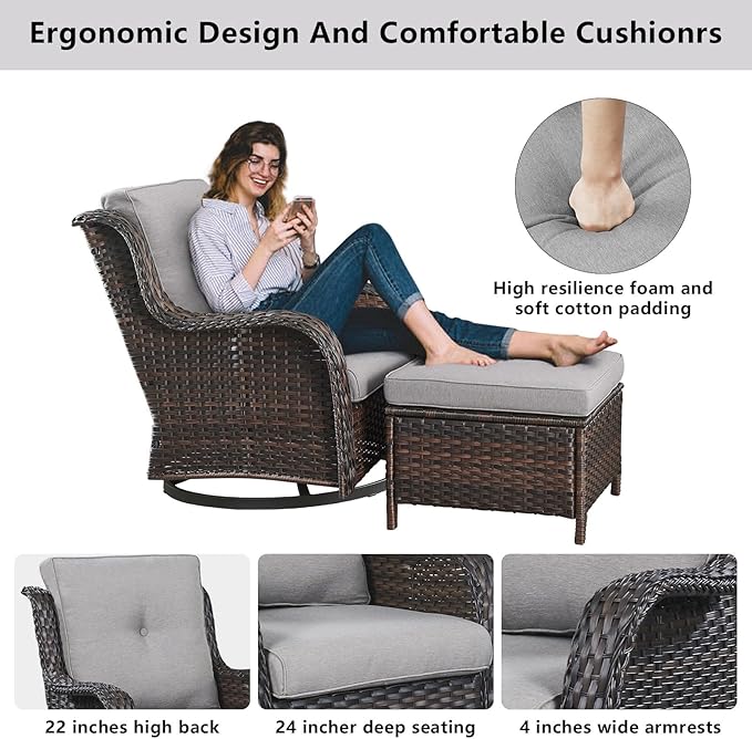 Wicker Outdoor Furniture Patio Furniture Set - 6 Piece Patio Conversation Set with Swivel Rocker Chairs, Rattan Sofa, Ottomans and Coffee Table, Gray Cushion