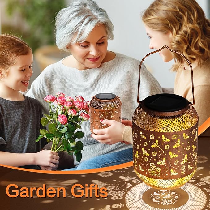 Solar Lanterns Outdoor Waterproof Bee Garden Decor Birthday Gifts for Women Mom Grandma Hanging Solar Lights Metal Lantern Decoration Outside for Yard, Patio, Backyard, Porch