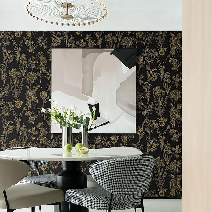 Dimoon 393"x17.3" Floral Wallpaper Peel and Stick Flowers Golden Black Contact Paper Thicken Waterproof Modern Self Adhesive Plants Wallpaper Removable Wall Paper Shelf Vinyl Roll