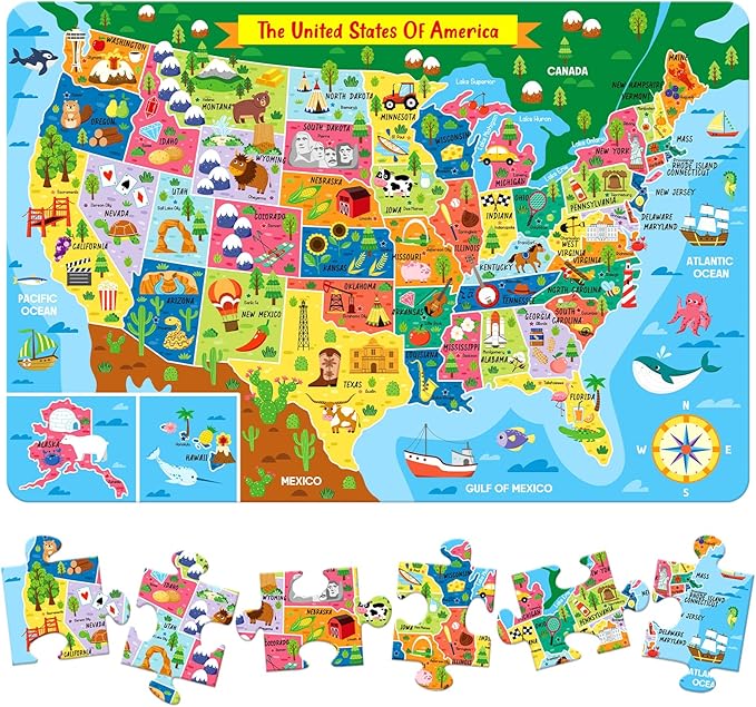 Discover The USA: Extra-Large 24-Piece Floor Puzzle for Kids - Educational Map of America, Colorful States and Landmarks, Ideal for Learning Geography - Fun, Interactive, and Durable Jumbo Puzzle