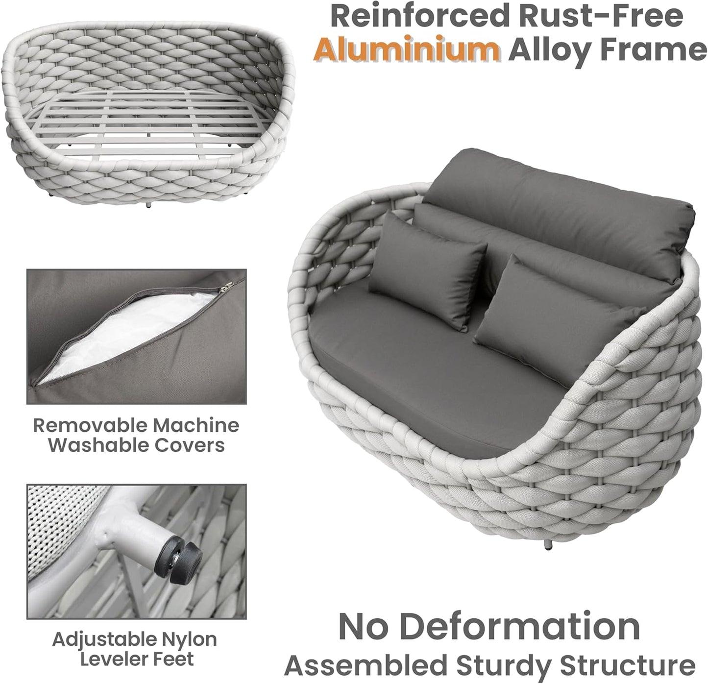 Patio Loveseat with Table: Aluminum Hand Woven Rope 2 Pieces Patio Furniture Set - Cushioned Outdoor Seating Set - Modern Couch Assembled - Metal Lounge Set for Porch Balcony Deck Garden Hotel