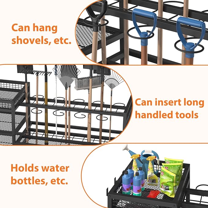 Garden Tool Organizer with Wheels-Movable Garden Tool Rack with Storage Hooks for Long-Handled Tools/Rakes/Brooms/Shovels,Heavy Duty Metal Garden Tool Storage for Garage,Shed,Garden,Black