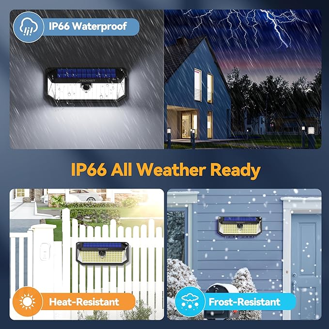 TECKNET 416 LED Solar Lights Outdoor Waterproof, 300° Angle & 3 Lighting Modes Motion Sensor Outdoor Lights, 2 Pack Security Solar Flood Lights IP66 for Fence Front Door Yard Deck Garden Garage