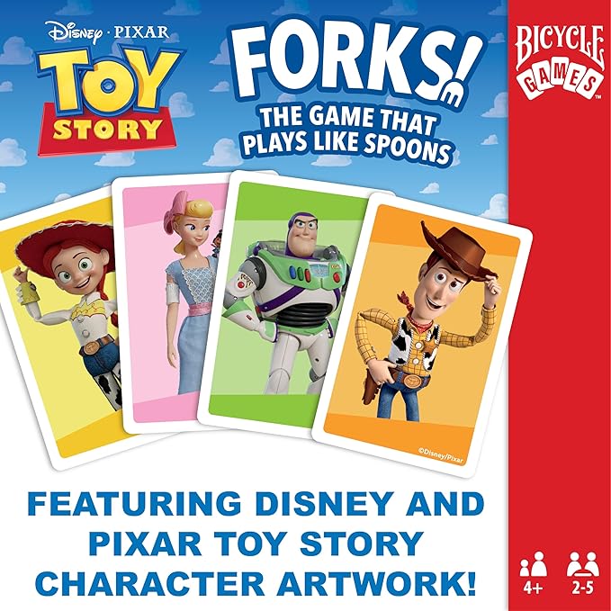 Bicycle Disney and Pixar Forks, Kids Card Game That Plays Like Spoons, Featuring Toy Story Characters Woody, Forky, Jessie & Alien, Ages 4+, 2-5 Players