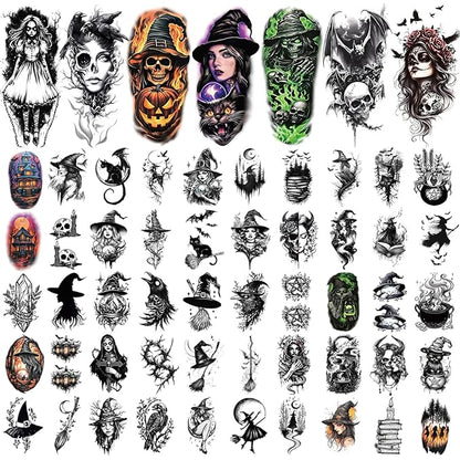77 Sheets Halloween Temporary Tattoos Adults Women Men Witch Makeup, Death Skull Black Cats Witch Hats Half Arm Halloween Fake Tattoos, Bat Scary Tattoos for Halloween Costume