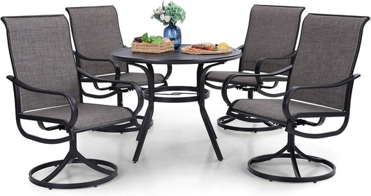 PHI VILLA 5 Piece Patio Dining Set, 4 Swivel Patio Chairs and 1 Round Metal Table with 1.57" Umbrella Hole, All Weather Resistant for Lawn Garden