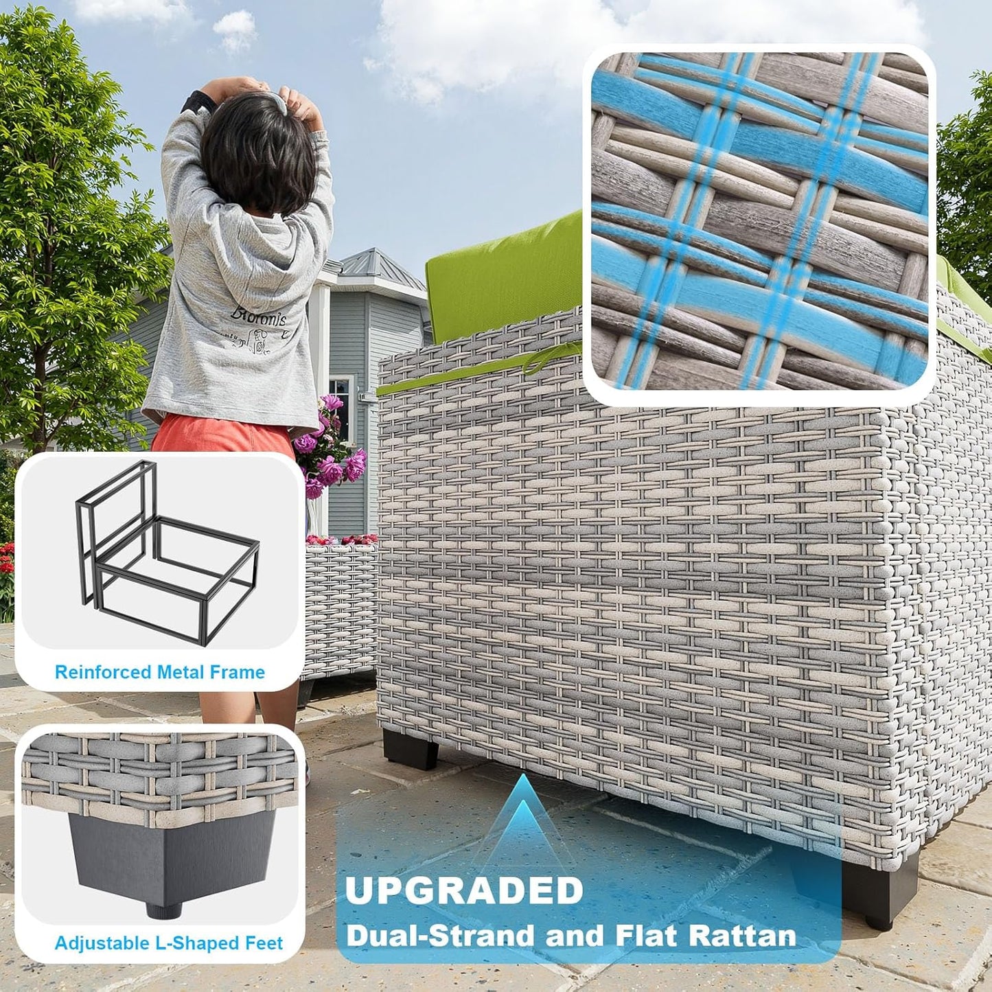 7-Piece Patio Furniture Set, Outdoor Sectional with Thick Cushions, Modular Patio Sofa, Dual-Strand Wicker Rattan, Rust-Resistant Frame, Backyard Furniture for Garden, Deck, Grass Green