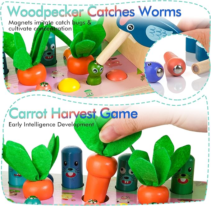 6-in-1 Wooden Montessori Toys for 1 Year Old, Mole-Tapping Game | Play The Xylophone | Frog Clock | Carrot Harvest Game | Spinning Gear, Baby Toy Gift for Early Learning