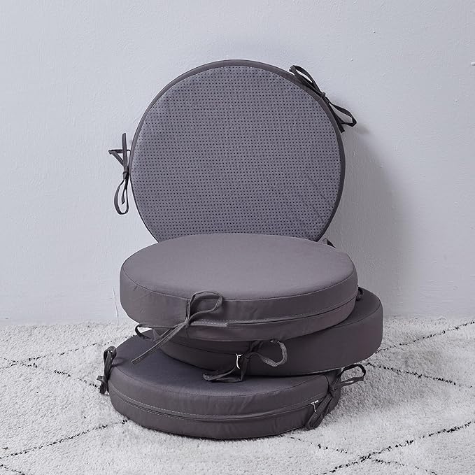 15 x 15 Inch Round Cushions for Outdoor Furniture Non-Slip Waterproof Patio Bistro Chair Cushion with Ties Bar Stool Seat Cushion for Kitchen Chairs Set of 4, Dark Gray