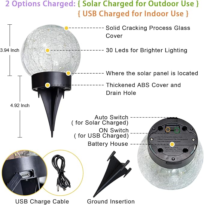 Beautyard Solar Globe Lights Outdoor USB Charged Garden Decor 3.94" Diameter 30LED 1000mAh Solar Globe Lights for Outdoor Indoor Mothers Day Gifts Holiday Decor(3.94'' Medium 4 Pack Warm White)
