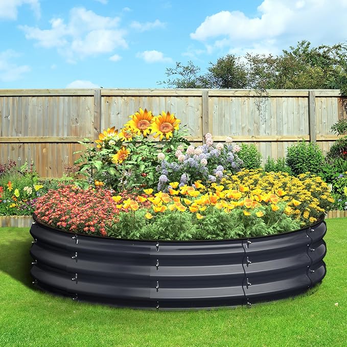 Round 4x4x1 FT Galvanized Raised Garden Bed Kit, Large Metal Planter Box for Outdoor Gardening, Garden Bed for Vegetables Flower Herb(Midnight Gray)