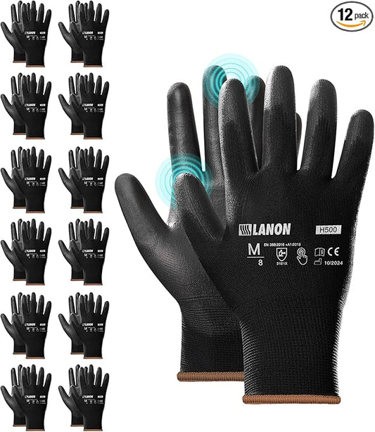 LANON 12 Pairs Safety Work Gloves, Mechanic Working Gloves for Men, PU Coated, Seamless Knit, Lightweight, Black, XL