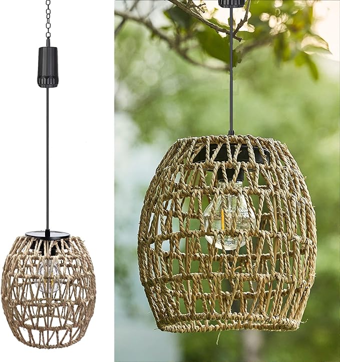 6 Hours Timer Battery Operated Outdoor Hanging Light Seagrass Woven Waterproof Porch Gazebo Patio Pendant Lantern Chandelier Lighting Decorative Hollow-Out Auto On/Off Warm White Bulb