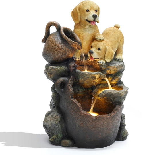 LuxenHome Outdoor Water Fountain, 25 Inch Puppy and Pitchers Pot Resin Water Fountains Indoor with LED Lights, Farmhouse Waterfall Outdoor, Indoor Fountains and Waterfalls for Patio, Garden Decor