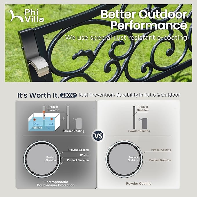 PHI VILLA 50-Inch Cast Iron Steel Frame Garden Bench Outdoor Patio Bench Chair w/Floral Design Backrest, Slatted Seat for Park, Yard & Porch, Black