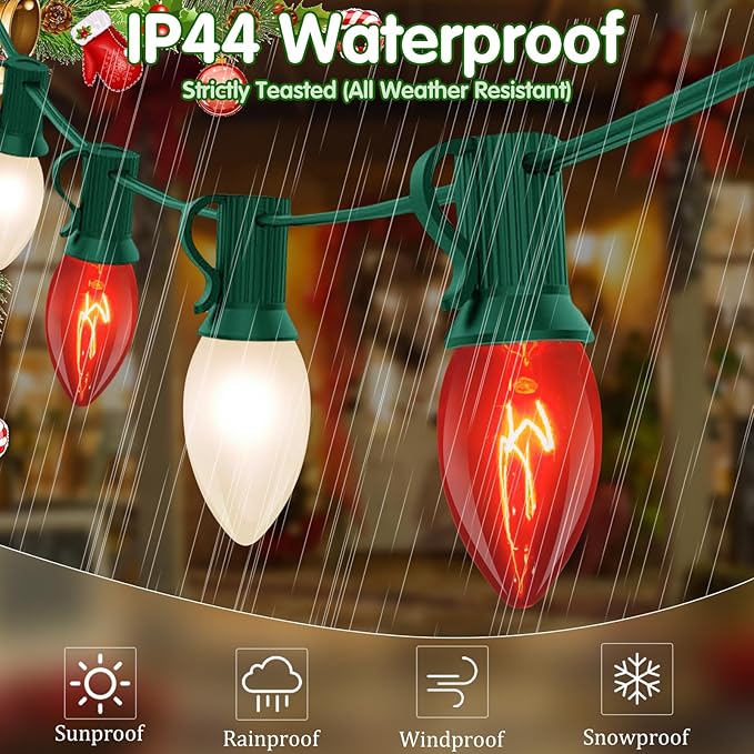 25ft C9 Red and White Christmas Lights,Waterproof C9 Christmas String Lights With 26 Red White bulbs,Commercial Christmas Lights Outdoor for Garden House Xmas Garland Christmas Tree Decorations