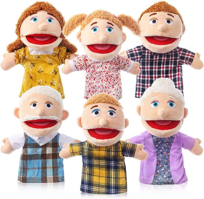 6 Pcs Family Hand Puppets 12 Inch Grandparents, Mom & Dad, Brother & Sister Plush Hand Puppet Toys Role-Play Toy Puppets for Kids Storytelling Imaginative Pretend Play Teaching Preschool(6 Family A)
