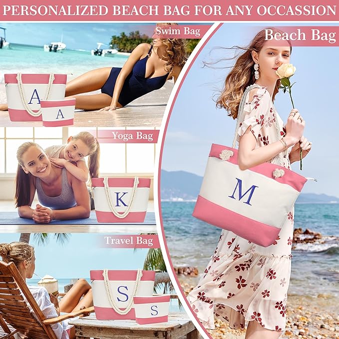 YOOLIFE Beach Bags for Women - Initial Tote Waterproof Bag with Makeup Bag, Mothers Day Gifts for Women Mom Friend Birthday