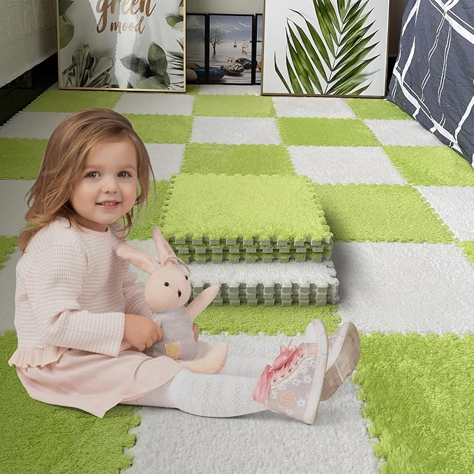 16pcs 0.6" Thickened Interlocking Tile Mats,Fluffy Shaggy Soft EVA Foam Area Rug for Living Room & Bedroom,Non-Slip Protective Floor Carpet Play Mat Kids Baby Dorm Home Decor (11.8ft, Green)