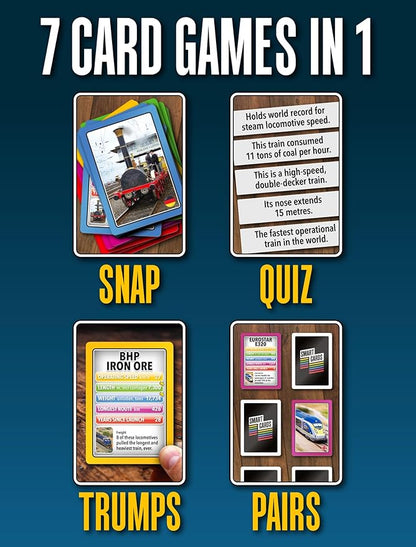 100 PICS Smart Cards Trains Card Game | 7 Games in 1 - Matching Pairs, Snap, Trumps, Rummy | Top Travel Game, Gift, Stocking Stuffer | for Adults, Kids, Boys, Girls | Age 5+, 1-8 Players