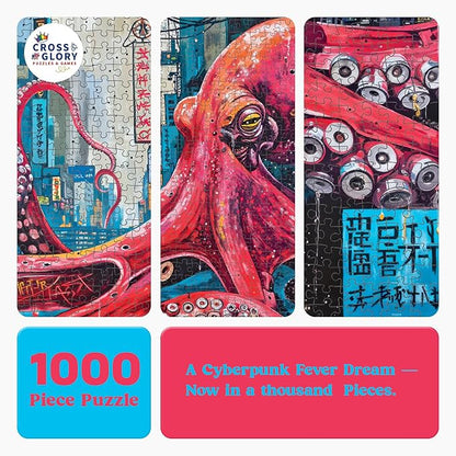 Cross & Glory - Octopus City: Neon Overlord - 1000 Piece Jigsaw Puzzle for Adults | Cyberpunk Artwork Puzzle | Best New Futuristic Puzzle | Unique Brain Teaser