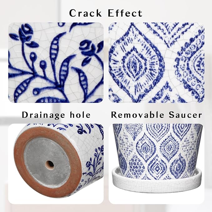 Blue and White Ceramic Pots for Plants, Decorative Plant Pots Round Ceramic Planters for Indoor Plants Pots with Drainage Hole Saucers, Retro Planter Pot for Succulents Cactus Flowers Outdoor 4.8/5.5"