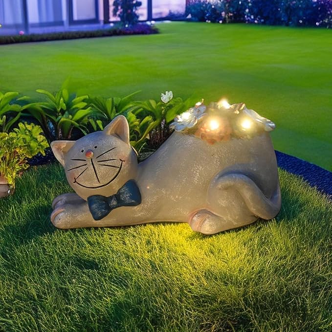 Cat Garden Figurines Outdoor Decor Solar Statue with LED Lights for Patio Lawn Yard Art Decoration Housewarming Garden Gift