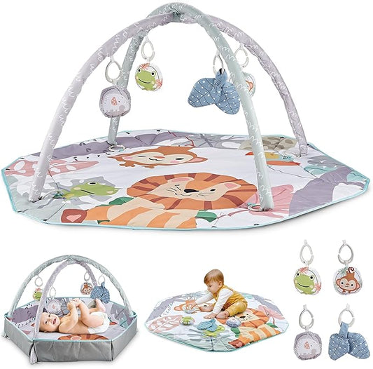 Henry & Colin Baby Activity Play Gym Mat with Hanging Toys, Soft Padded Mat, Sensory Development Play Area for Newborns and Infants, Convertible Play Center for Tummy Time and Fun Learning (Blue)