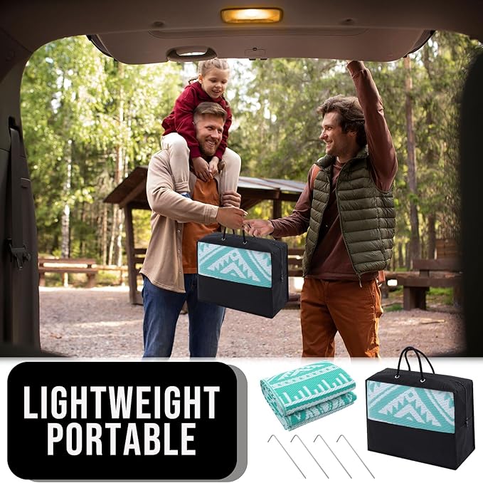 OLANLY Outdoor Rug Waterproof 8x10 ft, Reversible Outdoor Plastic Straw Rug, Boho Patio Rug, Indoor Outdoor Carpet, RV Mat Outside for Patio, Camp, Picnic, Balcony, Deck, Backyard, Turquoise & White