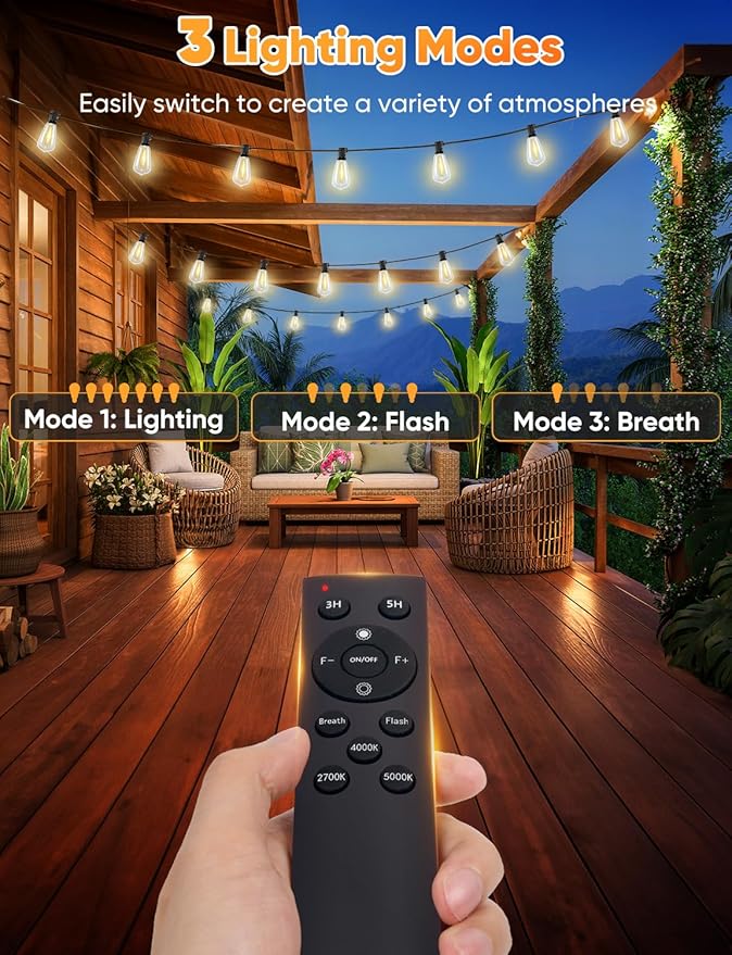 Brightever 3 Color in 1 LED Outdoor String Lights with Remote, 120FT Patio Lights Outdoor Waterproof with 38 Vintage Edison Bulbs, 3 Modes 2 Timer Dimmable String Light for Outside, 2700K/4000K/5000K