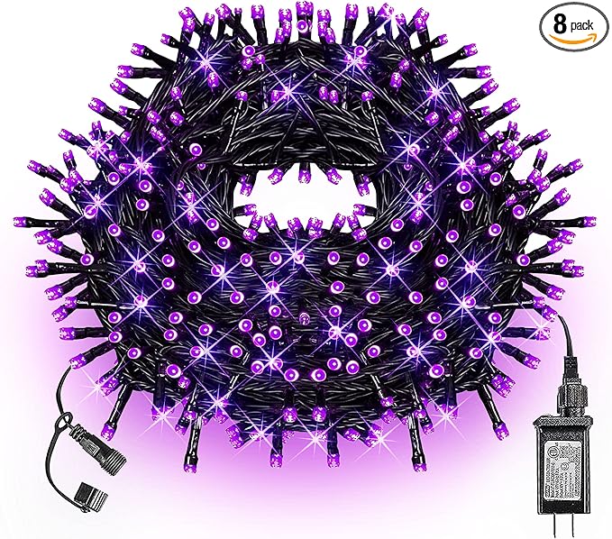 FUNPENY 240 LED Halloween String Lights, 78 FT Waterproof Black Wire Fairy Lights Plug in, 8 Lighting Modes Halloween Lights Decorations for Indoor Outdoor Garden Party (Purple)