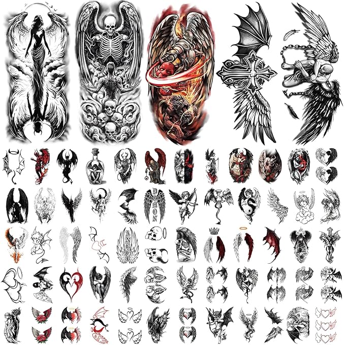 77 Sheets Temporary Tattoo for Women Men, 17 Sheets Half Arm Large Black Angel Devil Fake Tattoos, 60 Sheets Skull Heart Wings Tiny for Adult Kids Cosplay Party Body Tattoos Stickers Realistic