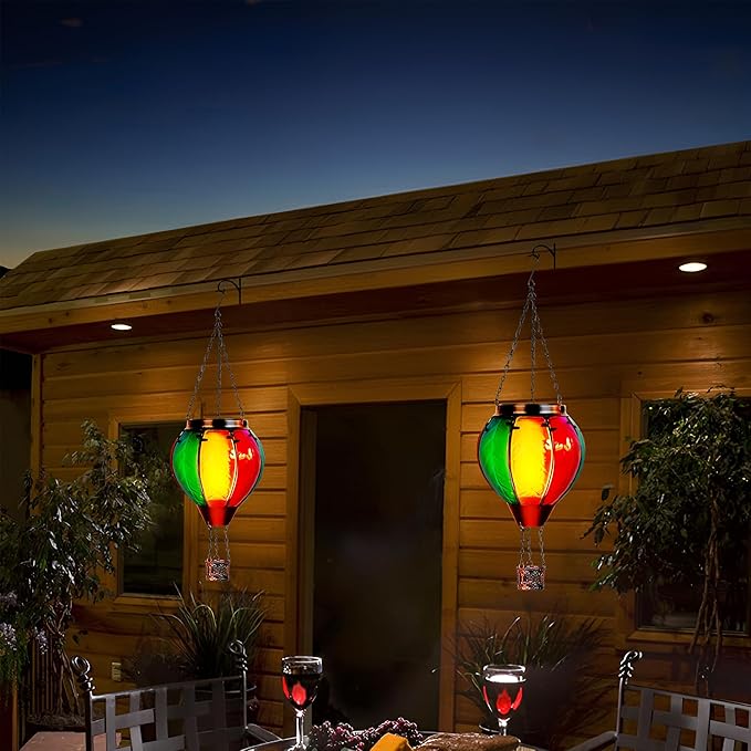 2 Pack Solar Hot Air Balloon Lantern with Flame, Hot Air Balloon Christmas Halloween Outdoor Decorations for Garden Yard Porch Decor, Large Hanging Outdoor Decor, Glass Solar Lantern Waterproof