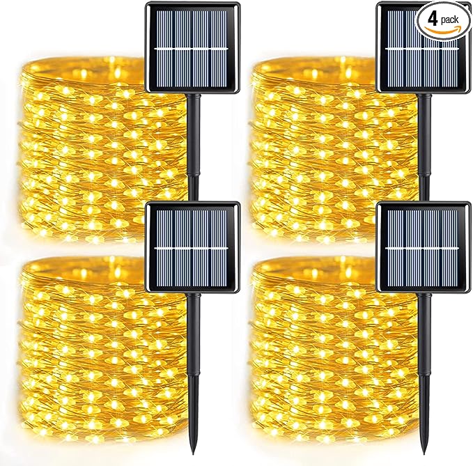 YEGUO Solar Fairy Lights Outdoor Waterproof, 4 Packs Each 33ft 100 LED String Lights Warm White, 8 Modes Silver Wire Twinkle Lights