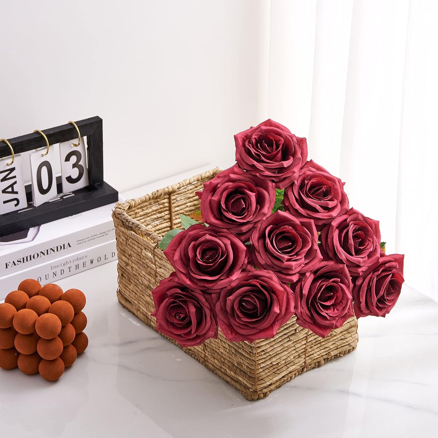 Artificial Rose 10pcs Open Flower Bouquet Faux Rose Stems for Wedding Arrangement, Bridal Bouquet, Centerpiece, Fake Faux Silk Flowers (Wine Red)