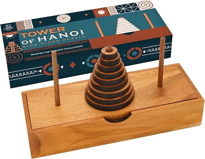 BSIRI Fun Puzzle Board Games Gifts of Hanoi Tower (9 Rings) with Wooden Designs for Brain Teasers Logic Games Kids and Adults to Challenges Mastermind Game and Think for Fun Learning Tower Puzzles